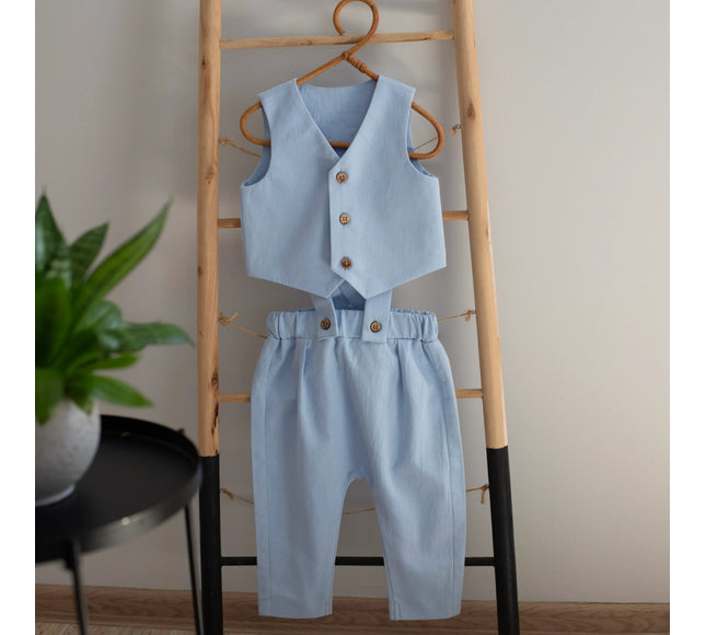 Costum Botez Baieti Albastru Vesta Cu Pantaloni - Bebeboo - Totul pentru copii. Jucării, Hăinuțe, Perne, Mobilier, Textile