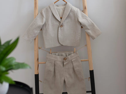 Costum Botez Baieti Bej Din In - Bebeboo - Totul pentru copii. Jucării, Hăinuțe, Perne, Mobilier, Textile