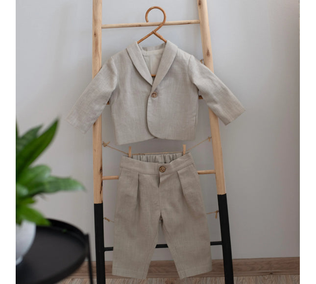 Costum Botez Baieti Bej Din In - Bebeboo - Totul pentru copii. Jucării, Hăinuțe, Perne, Mobilier, Textile