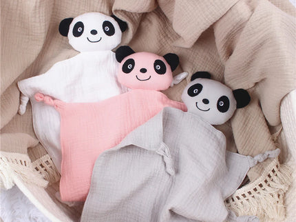 Jucarie de confort din muselina – Baby Panda, diverse culori, 100% bumbac organic, 30 x 30 cm