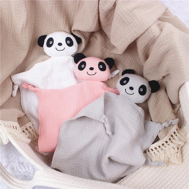 Jucarie de confort din muselina – Baby Panda, diverse culori, 100% bumbac organic, 30 x 30 cm