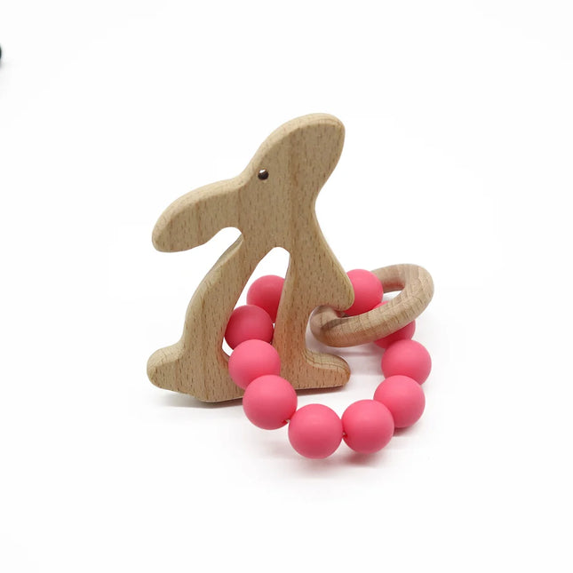 Jucarie dentitie - Rabbit Watermelon, 6 luni+, silicon si lemn