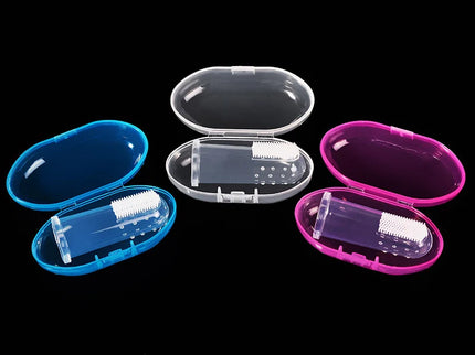 Periuta de dinti pentru bebelusi + cutiuta de depozitare, model degetar, diverse culori, 6 luni+, silicon