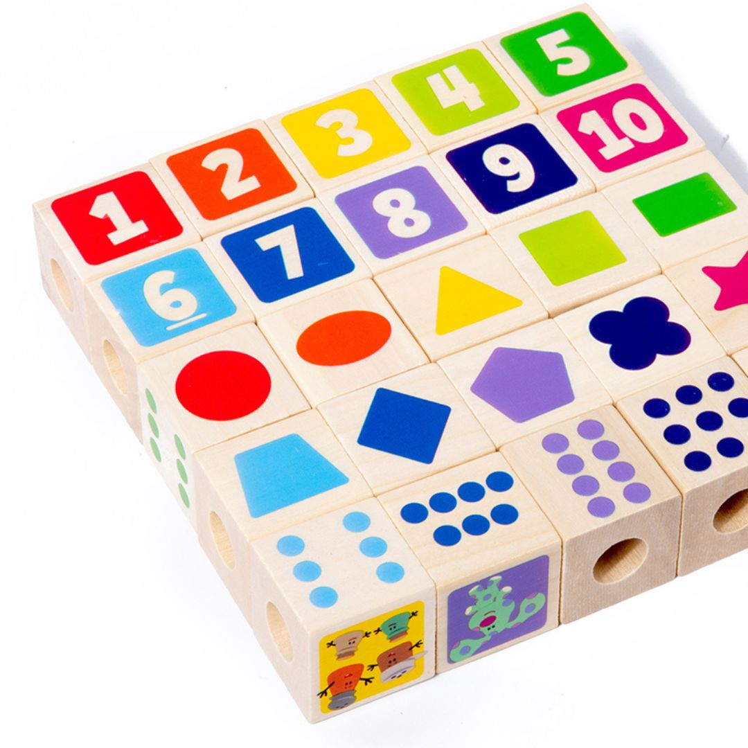 Joc educativ din lemn, 25 de cuburi numerotate și 10 carduri, 1.5 ani+