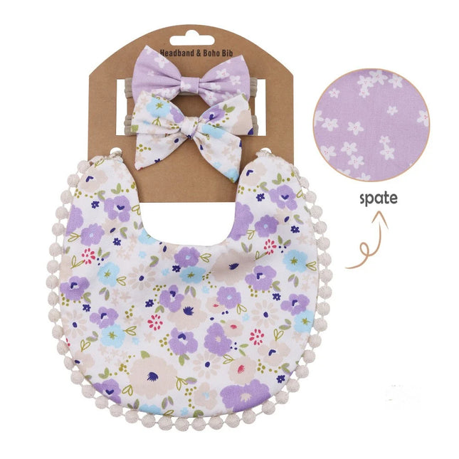 Set baveta eleganta reversibila si 2 bentite – Purple & Flowers, 0 luni+, bumbac