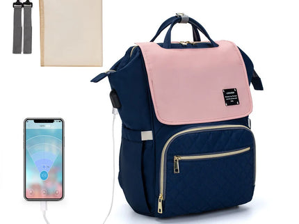 Rucsac multifunctional pentru mamici si bebelusi, cu salteluta de schimbat, Roz-albastru, 39 x 26 x 20 cm