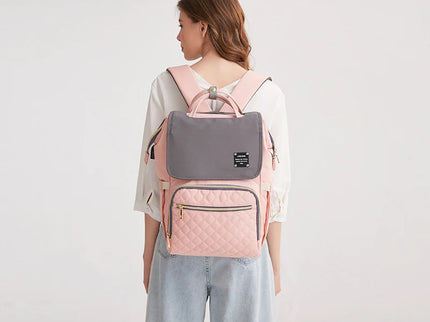 Rucsac multifunctional pentru mamici si bebelusi, cu salteluta de schimbat, Roz-albastru, 39 x 26 x 20 cm