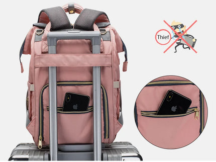 Rucsac multifunctional pentru mamici si bebelusi, cu salteluta de schimbat, Roz-albastru, 39 x 26 x 20 cm