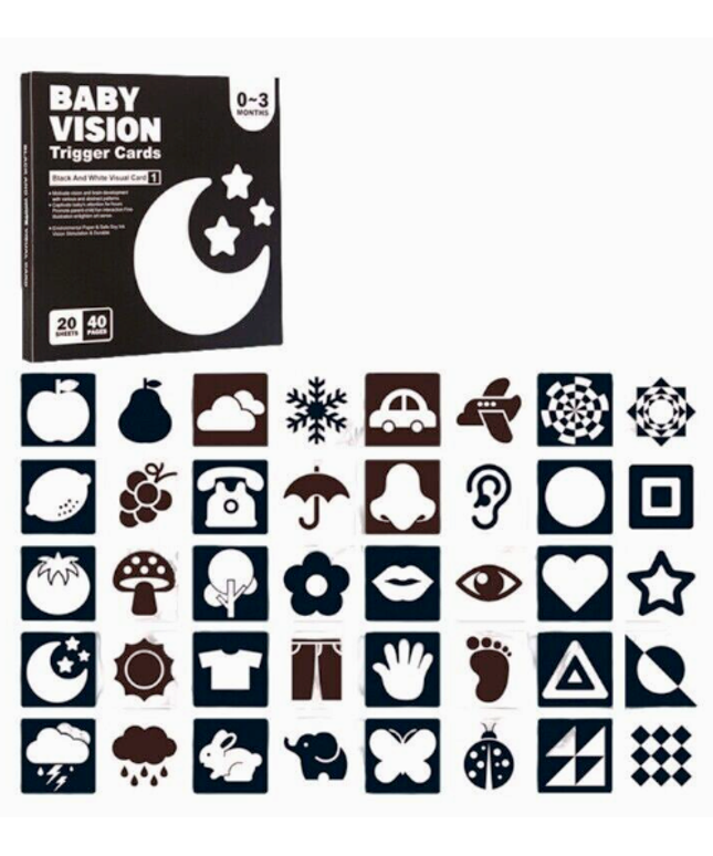 Set Carduri Vizuale pentru Bebeluși 0–3 Luni – Contrast Alb-Negru pentru Stimulare Vizuală