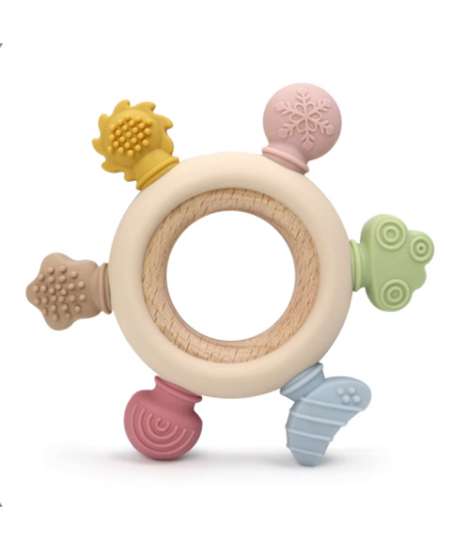 Jucărie de Dentiție Multisenzorial - Inel de dentiție din lemn și silicon Alb crem. 0+