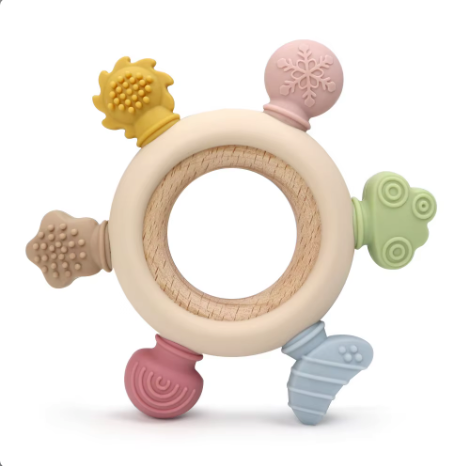 Jucărie de Dentiție Multisenzorial - Inel de dentiție din lemn și silicon Alb crem. 0+