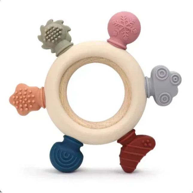 Jucărie de Dentiție Multisenzorial - Inel de dentiție din lemn și silicon - Bej deschis. 0+ - Bebeboo - Totul pentru copii. Jucării, Hăinuțe, Perne, Mobilier, Textile