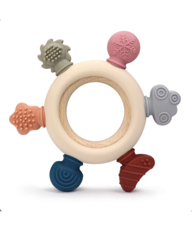 Jucărie de Dentiție Multisenzorial - Inel de dentiție din lemn și silicon - Bej deschis. 0+