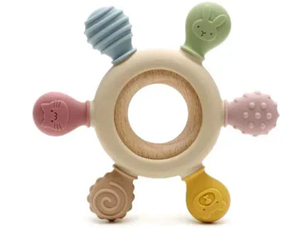 Jucărie de Dentiție Multisenzorial - Inel de dentiție din lemn și silicon - Bej. 0+ - Bebeboo - Totul pentru copii. Jucării, Hăinuțe, Perne, Mobilier, Textile