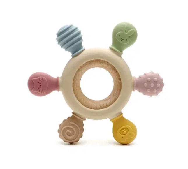 Jucărie de Dentiție Multisenzorial - Inel de dentiție din lemn și silicon - Bej. 0+ - Bebeboo - Totul pentru copii. Jucării, Hăinuțe, Perne, Mobilier, Textile