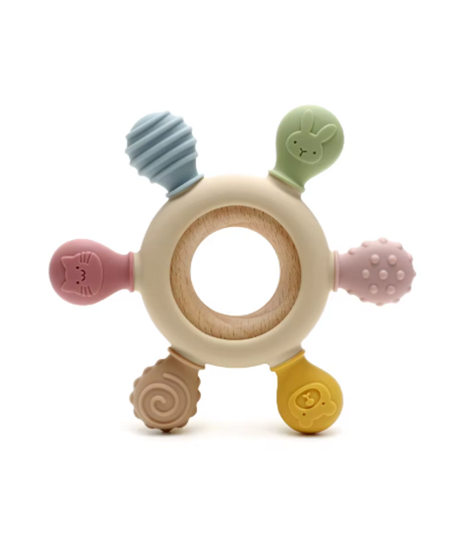 Jucărie de Dentiție Multisenzorial - Inel de dentiție din lemn și silicon - Bej. 0+