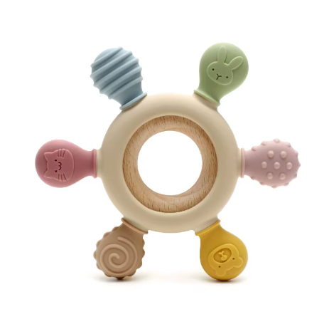 Jucărie de Dentiție Multisenzorial - Inel de dentiție din lemn și silicon - Bej. 0+