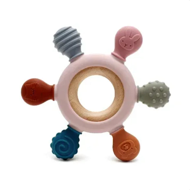 Jucărie de Dentiție Multisenzorial - Inel de dentiție din lemn și silicon - Roz pal. 0+ - Bebeboo - Totul pentru copii. Jucării, Hăinuțe, Perne, Mobilier, Textile