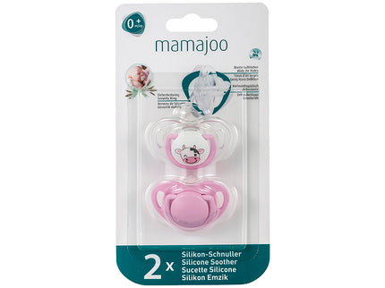 Set 2 suzete ortodontice Mamajoo, Pink & Cow, 0 luni+, silicon + PP