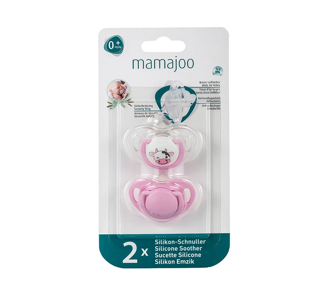 Set 2 suzete ortodontice Mamajoo, Pink & Cow, 0 luni+, silicon + PP