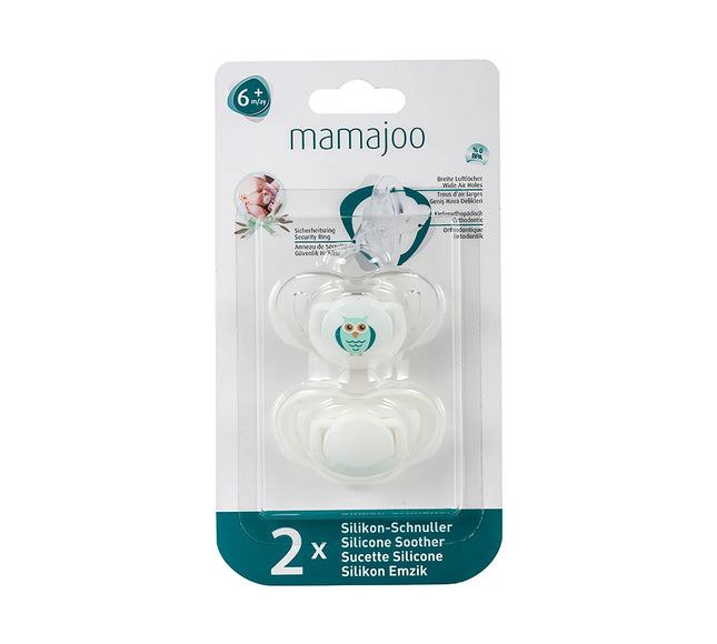 Set 2 suzete ortodontice Mamajoo, White & Owl, 6 luni+, silicon + PP