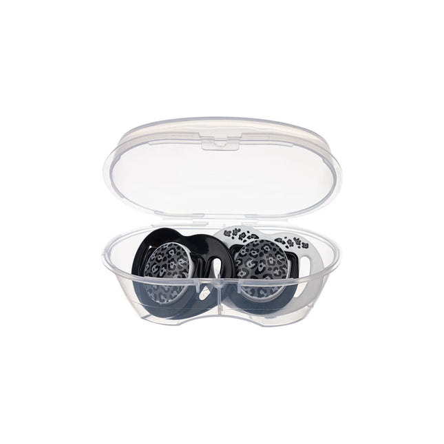 Set 2 suzete ortodontice Mamajoo + cutie sterilizare, Anthracite Leopard, 0 luni+, silicone+PP