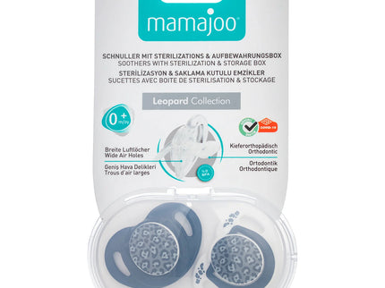 Set 2 suzete ortodontice Mamajoo + cutie sterilizare, Anthracite Leopard, 0 luni+, silicone+PP