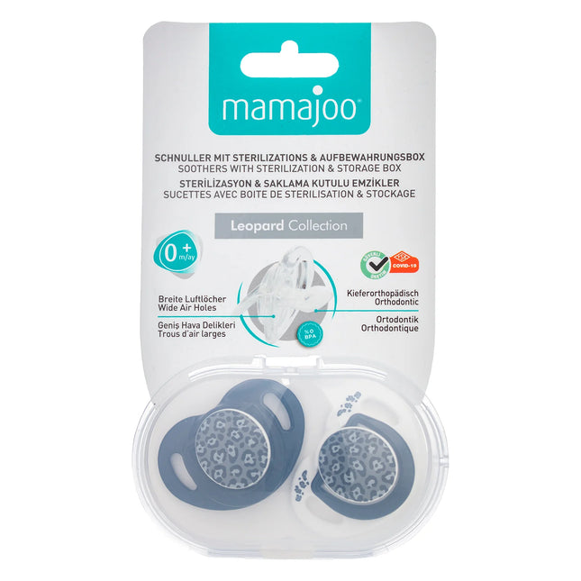Set 2 suzete ortodontice Mamajoo + cutie sterilizare, Anthracite Leopard, 0 luni+, silicone+PP