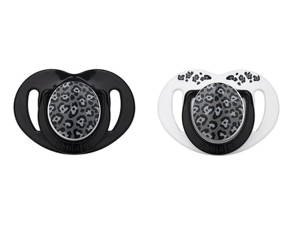 Set 2 suzete ortodontice Mamajoo + cutie sterilizare, Anthracite Leopard, 0 luni+, silicone+PP