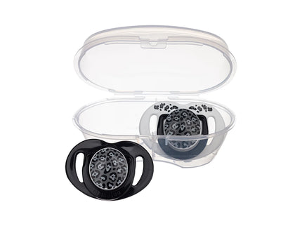 Set 2 suzete ortodontice Mamajoo + cutie sterilizare, Anthracite Leopard, 0 luni+, silicone+PP