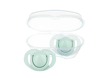 Set 2 suzete ortodontice Mamajoo + cutie sterilizare, Verde Pudra, 0 luni+, silicon+pp