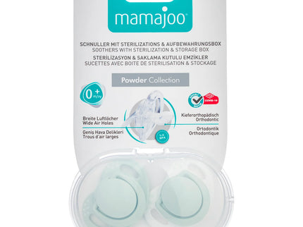 Set 2 suzete ortodontice Mamajoo + cutie sterilizare, Verde Pudra, 0 luni+, silicon+pp