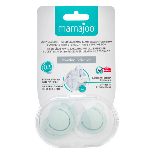 Set 2 suzete ortodontice Mamajoo + cutie sterilizare, Verde Pudra, 0 luni+, silicon+pp