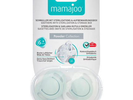 Set 2 suzete ortodontice Mamajoo + cutie sterilizare, Verde Pudra, 6 luni+, silicon+pp