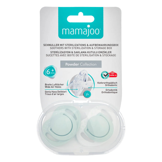 Set 2 suzete ortodontice Mamajoo + cutie sterilizare, Verde Pudra, 6 luni+, silicon+pp