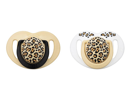 Set 2 suzete ortodontice Mamajoo + cutie sterilizare, Beige Leopard, 12 luni+, silicone+PP