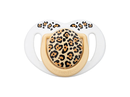 Set 2 suzete ortodontice Mamajoo + cutie sterilizare, Beige Leopard, 12 luni+, silicone+PP