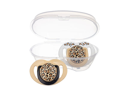 Set 2 suzete ortodontice Mamajoo + cutie sterilizare, Beige Leopard, 12 luni+, silicone+PP