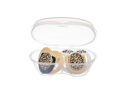 Set 2 suzete ortodontice Mamajoo + cutie sterilizare, Beige Leopard, 12 luni+, silicone+PP