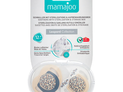 Set 2 suzete ortodontice Mamajoo + cutie sterilizare, Beige Leopard, 12 luni+, silicone+PP