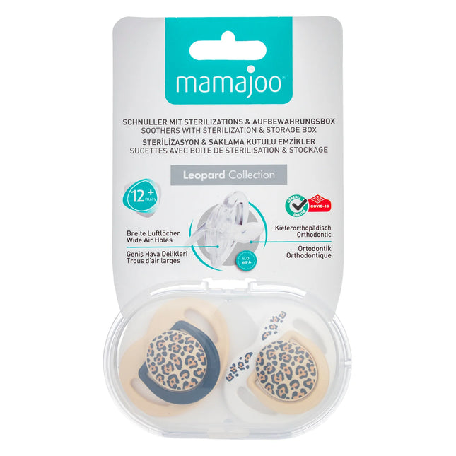Set 2 suzete ortodontice Mamajoo + cutie sterilizare, Beige Leopard, 12 luni+, silicone+PP