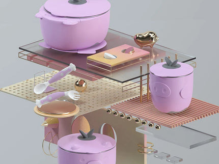 Set 6 piese pentru bebelusi, vase termoizolante si tacamuri flexibile - Purple, 6 luni+, inox + PP
