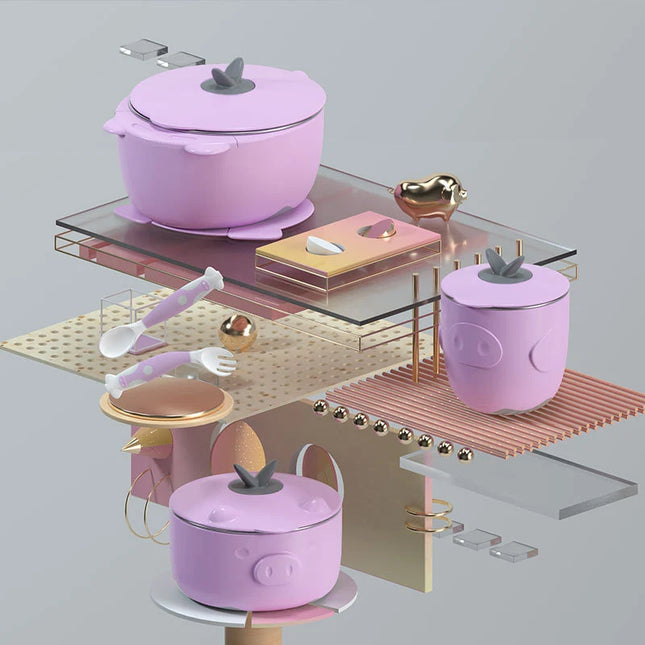 Set 6 piese pentru bebelusi, vase termoizolante si tacamuri flexibile - Purple, 6 luni+, inox + PP