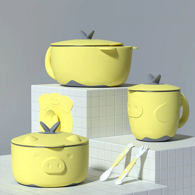 Set 6 piese pentru bebelusi, vase termoizolante si tacamuri flexibile - Yellow, 6 luni+, inox+PP