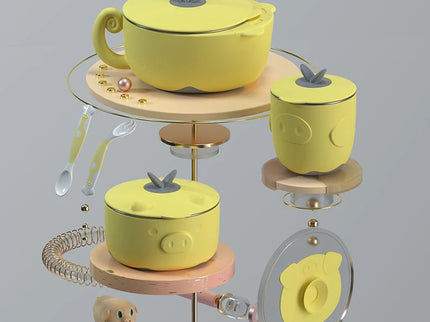 Set 6 piese pentru bebelusi, vase termoizolante si tacamuri flexibile - Yellow, 6 luni+, inox+PP