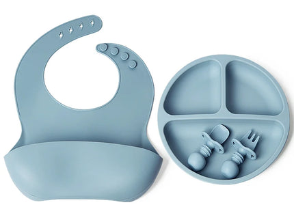 Set bavetica, farfurie si tacamuri din silicon – Blue, 6 luni +