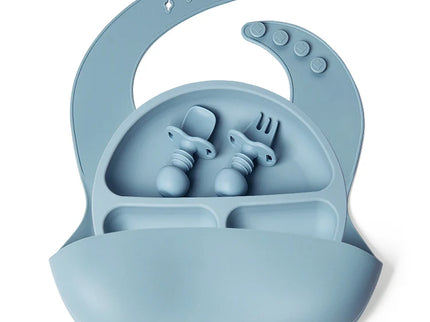 Set bavetica, farfurie si tacamuri din silicon – Blue, 6 luni +