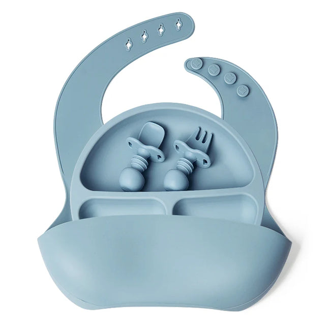 Set bavetica, farfurie si tacamuri din silicon – Blue, 6 luni +