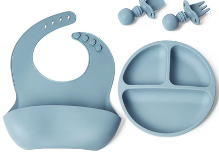 Set bavetica, farfurie si tacamuri din silicon – Blue, 6 luni +