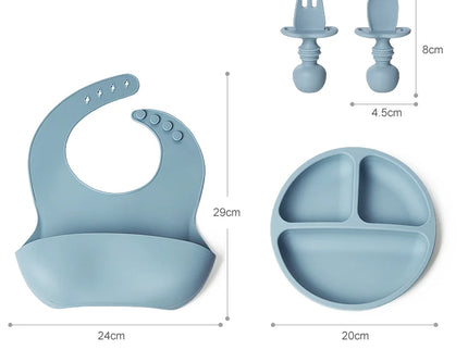Set bavetica, farfurie si tacamuri din silicon – Blue, 6 luni +